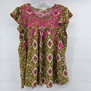 Savanna Jane Top Large Green Pink Embroidered Boho